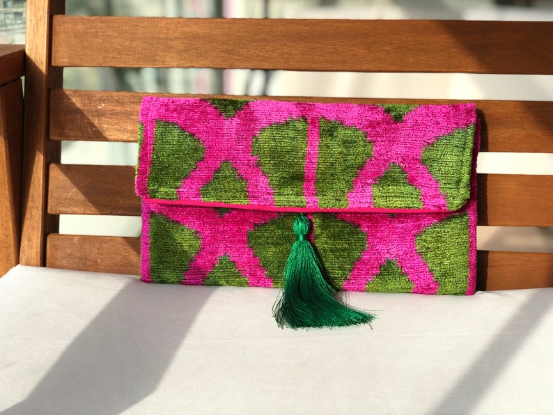 Ikat Clutch Bag, Green Clutch Bag, Pink Clutch Bag, Ikat Velvet Clutch Bag, Green Pink Clutch, Evening Clutch Bag, Wedding Clutch Bag image 2