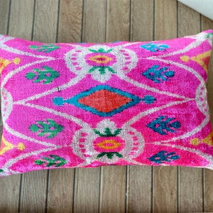 Handmade Pink Ikat Velvet Pillow: Decorative Lumbar Cushion