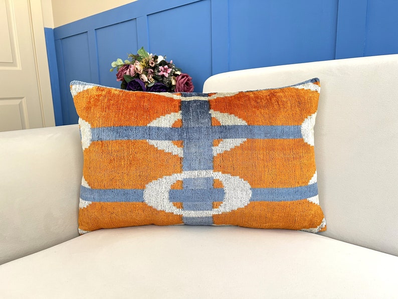 Orange Ikat Pillow Cover, Orange Pillow Cover, Ikat Velvet Pillow Cover, Lumbar Ikat Pillow, Velvet Throw Pillow, Boho Ikat Pillow image 1