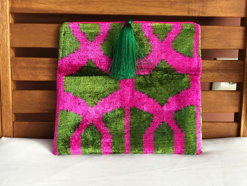 Ikat Clutch Bag, Green Clutch Bag, Pink Clutch Bag, Ikat Velvet Clutch Bag, Green Pink Clutch, Evening Clutch Bag, Wedding Clutch Bag image 5