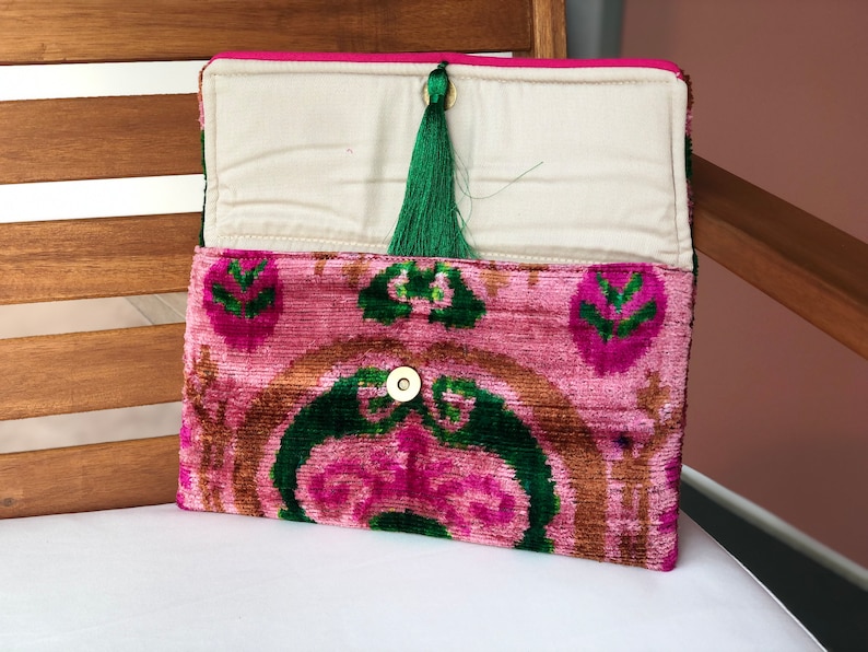 Pink Clutch Bag, Pink ikat clutch bag, Evening clutches, Wedding Bag, Boho Clutch Bag, Silk Ikat velvet bag, Women clutch bag, Clutch wallet image 5