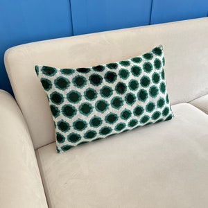 Green Ikat Velvet Pillow, Green Ikat Cushion Cover, Lumbar Ikat Cushion, Green Velvet Accent, Ikat Pattern Cushion, Decorative Green Pillow image 5