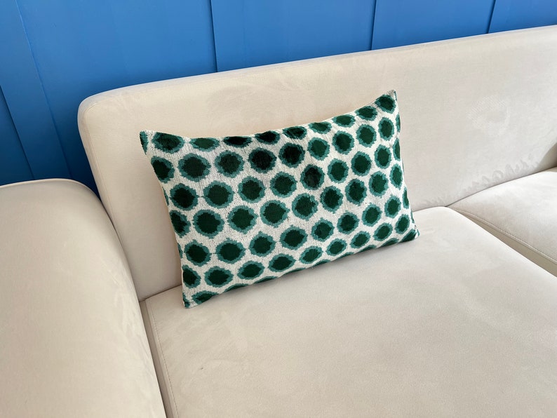 Green Ikat Velvet Pillow, Green Ikat Cushion Cover, Lumbar Ikat Cushion, Green Velvet Accent, Ikat Pattern Cushion, Decorative Green Pillow image 5