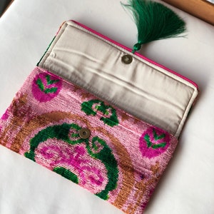 Pink Clutch Bag, Pink ikat clutch bag, Evening clutches, Wedding Bag, Boho Clutch Bag, Silk Ikat velvet bag, Women clutch bag, Clutch wallet image 8