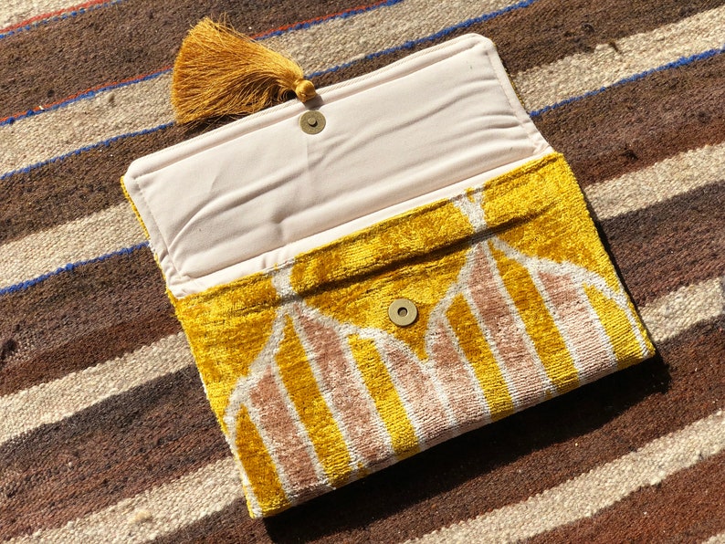 Yellow Clutch bag, Ikat Clutch Bag, Yellow Velvet bag, Boho Clutch Bag, Ikat Velvet Bag, Silk Velvet Ikat Bag, Evening clutch bag, Silk Ikat image 4