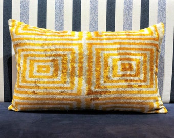 Velvet Yellow Pillow, Yellow Velvet Ikat Pillow, Ikat Cushion Cover, Silk Ikat Pillows, Ikat Throw Pillow, Bohemian Pillow, Ikat Fabric