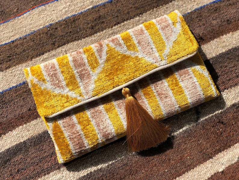 Yellow Clutch bag, Ikat Clutch Bag, Yellow Velvet bag, Boho Clutch Bag, Ikat Velvet Bag, Silk Velvet Ikat Bag, Evening clutch bag, Silk Ikat image 1