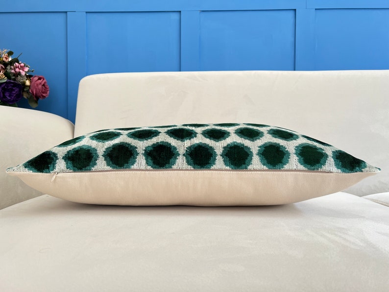 Green Ikat Velvet Pillow, Green Ikat Cushion Cover, Lumbar Ikat Cushion, Green Velvet Accent, Ikat Pattern Cushion, Decorative Green Pillow image 7