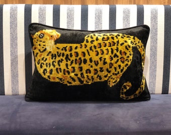 Yellow velvet ikat pillow, Jaguar pillow cover, Lumbar ikat pillow, Animal ikat pillow, Bohemian pillow, Animal pillow cover, Leopard pillow