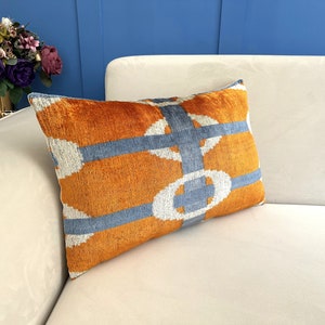 Orange Ikat Pillow Cover, Orange Pillow Cover, Ikat Velvet Pillow Cover, Lumbar Ikat Pillow, Velvet Throw Pillow, Boho Ikat Pillow image 2