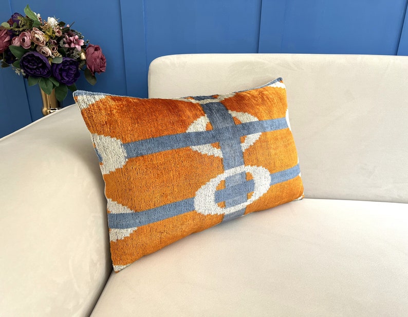 Orange Ikat Pillow Cover, Orange Pillow Cover, Ikat Velvet Pillow Cover, Lumbar Ikat Pillow, Velvet Throw Pillow, Boho Ikat Pillow image 2