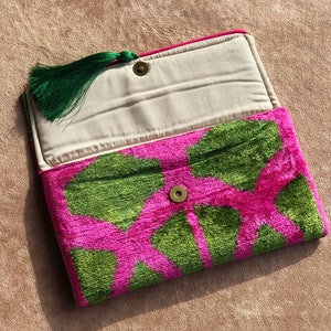 Ikat Clutch Bag, Green Clutch Bag, Pink Clutch Bag, Ikat Velvet Clutch Bag, Green Pink Clutch, Evening Clutch Bag, Wedding Clutch Bag image 8
