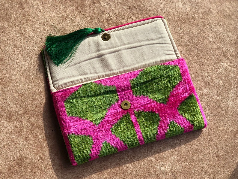 Ikat Clutch Bag, Green Clutch Bag, Pink Clutch Bag, Ikat Velvet Clutch Bag, Green Pink Clutch, Evening Clutch Bag, Wedding Clutch Bag image 8