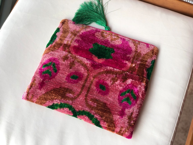 Pink Clutch Bag, Pink ikat clutch bag, Evening clutches, Wedding Bag, Boho Clutch Bag, Silk Ikat velvet bag, Women clutch bag, Clutch wallet image 9