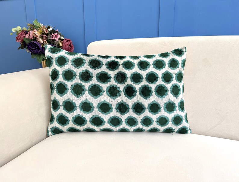 Green Ikat Velvet Pillow, Green Ikat Cushion Cover, Lumbar Ikat Cushion, Green Velvet Accent, Ikat Pattern Cushion, Decorative Green Pillow image 1