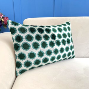 Green Ikat Velvet Pillow, Green Ikat Cushion Cover, Lumbar Ikat Cushion, Green Velvet Accent, Ikat Pattern Cushion, Decorative Green Pillow image 2