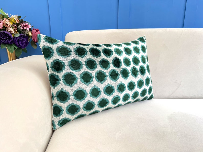 Green Ikat Velvet Pillow, Green Ikat Cushion Cover, Lumbar Ikat Cushion, Green Velvet Accent, Ikat Pattern Cushion, Decorative Green Pillow image 2