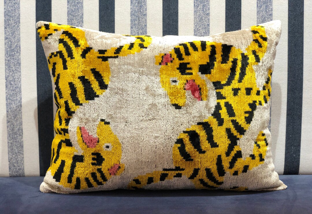 Animal Print Pillow, Tiger Ikat Pillow, Yellow Ikat Pillow, Leopard