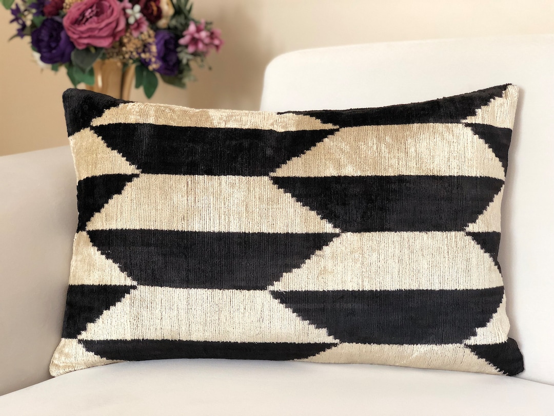 Black and White Ikat Pillow, Lumbar Throw Pillow, Velvet Ikat Pillow