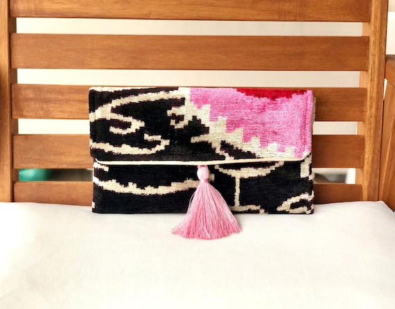 Ikat Clutch Bag, Pink Clutch Bag, Pink Ikat Bag, Ikat Velvet Bag, Evening Clutch Bag, Wedding Bag, Pink Clutch Wallet, Silk Velvet Ikat Bag