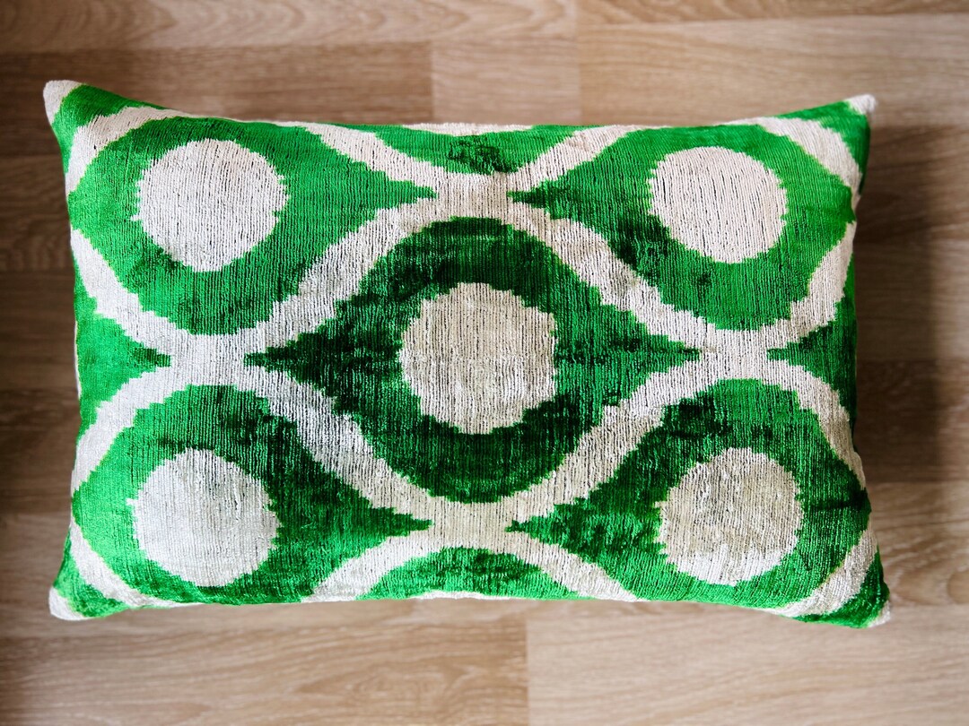 Green Velvet Ikat Pillow, Green Ikat Cushion Cover, Green Throw Pillow