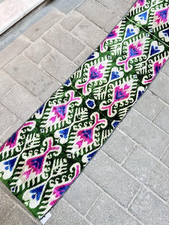 Handwoven Ikat Velvet Fabric: Green & Pink Uzbek Textile for Home Decor