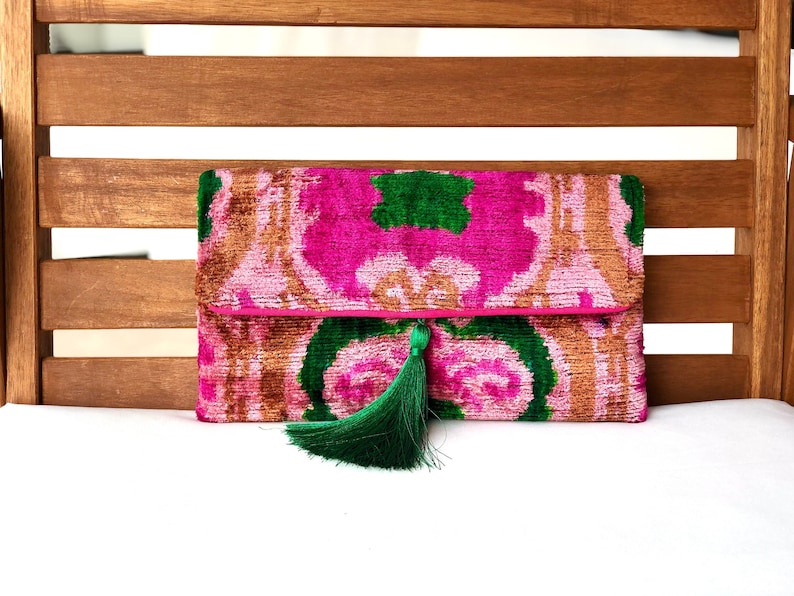 Pink Clutch Bag, Pink ikat clutch bag, Evening clutches, Wedding Bag, Boho Clutch Bag, Silk Ikat velvet bag, Women clutch bag, Clutch wallet image 1