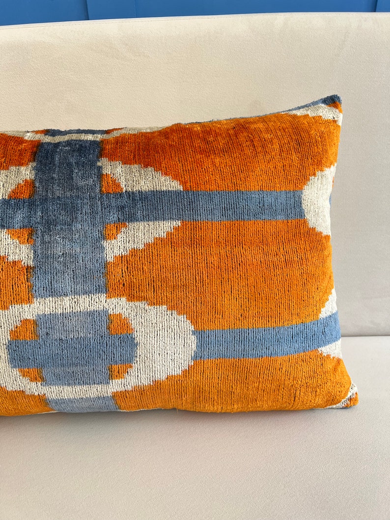 Orange Ikat Pillow Cover, Orange Pillow Cover, Ikat Velvet Pillow Cover, Lumbar Ikat Pillow, Velvet Throw Pillow, Boho Ikat Pillow image 4