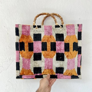 Handgemachte Samt Ikat Tasche: Pink Orange Geometrische Seidentasche
