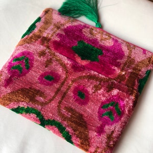 Pink Clutch Bag, Pink ikat clutch bag, Evening clutches, Wedding Bag, Boho Clutch Bag, Silk Ikat velvet bag, Women clutch bag, Clutch wallet image 7