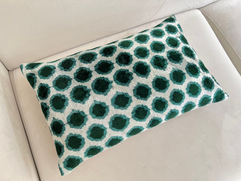 Green Ikat Velvet Pillow, Green Ikat Cushion Cover, Lumbar Ikat Cushion, Green Velvet Accent, Ikat Pattern Cushion, Decorative Green Pillow image 6