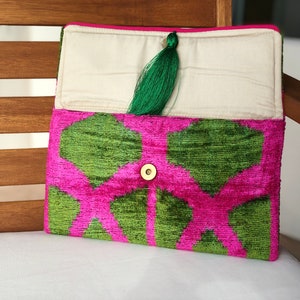 Ikat Clutch Bag, Green Clutch Bag, Pink Clutch Bag, Ikat Velvet Clutch Bag, Green Pink Clutch, Evening Clutch Bag, Wedding Clutch Bag image 4