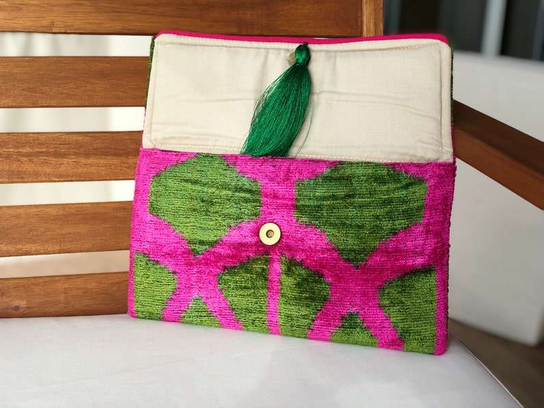Ikat Clutch Bag, Green Clutch Bag, Pink Clutch Bag, Ikat Velvet Clutch Bag, Green Pink Clutch, Evening Clutch Bag, Wedding Clutch Bag image 4