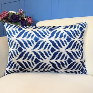 Handcrafted Blue Ikat Pillow, Boho Chic Blue Ikat Throw Pillow, Blue Ikat Accent Pillow, Blue Velvet Ikat Cushion, Silk Ikat Velvet Pillows
