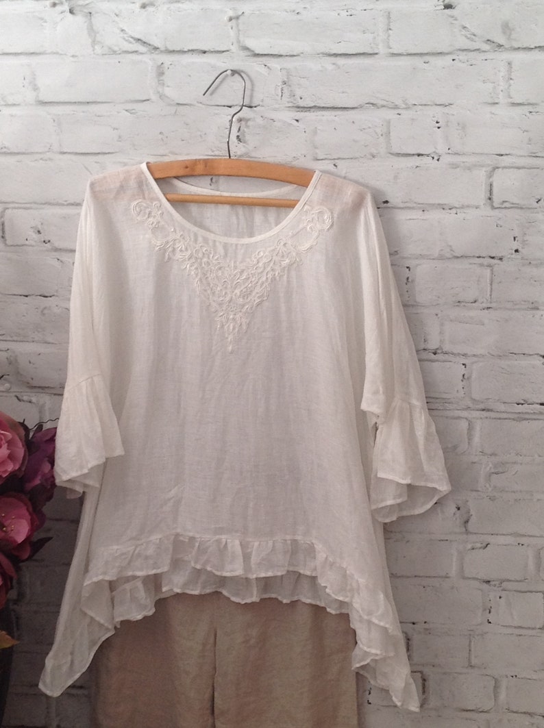 Summer Dress Shirt Dress Organic Natural white with lace Linen Tunic Linen Top for women,Artistic Boho Flax Loose Blouse Tunic for women