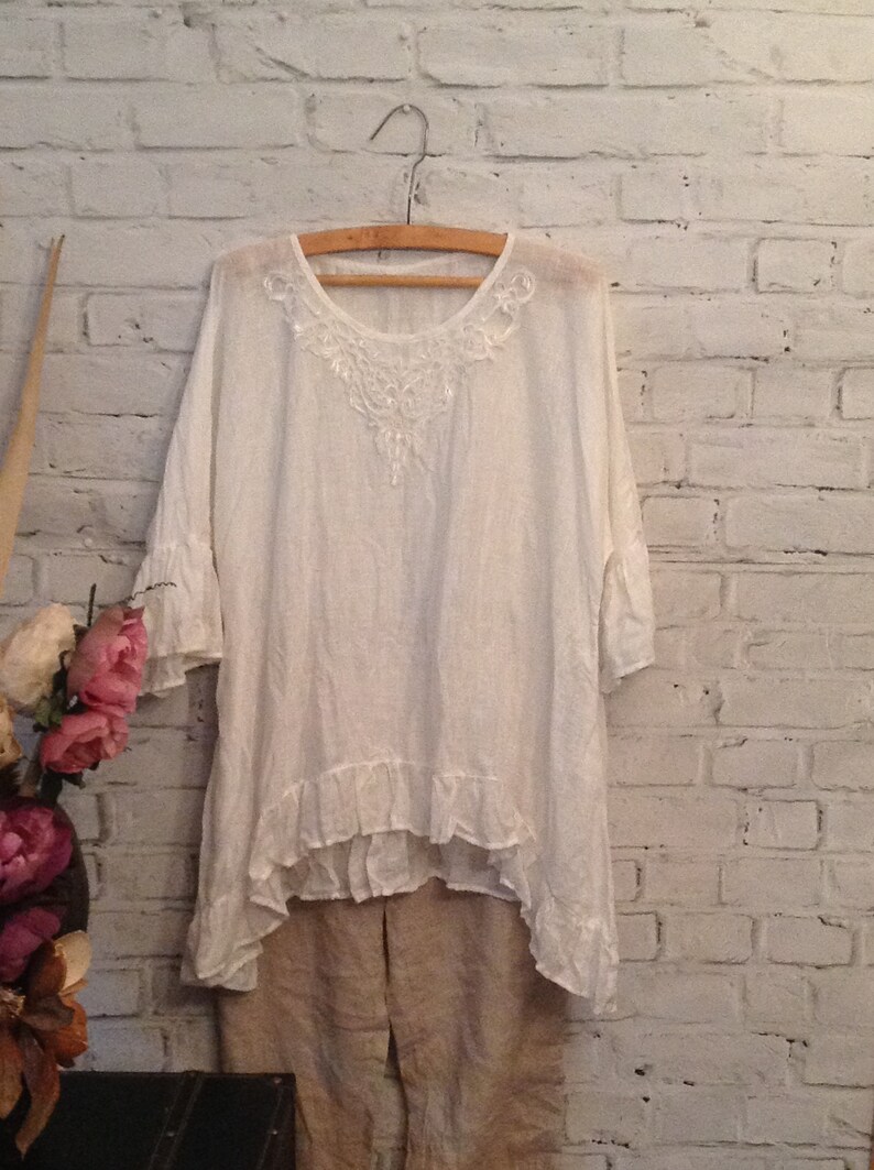 Summer Dress Shirt Dress Organic Natural white with lace Linen Tunic Linen Top for women,Artistic Boho Flax Loose Blouse Tunic for women