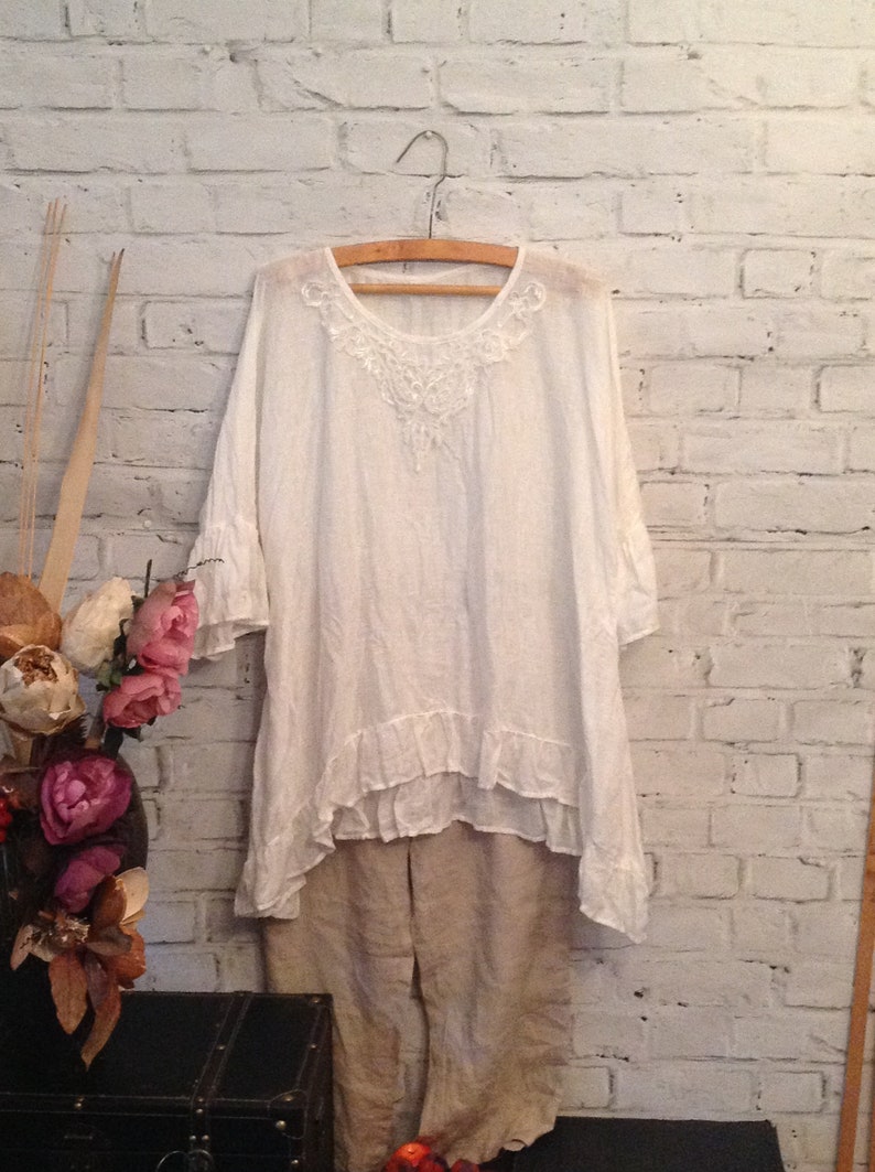 Summer Dress Shirt Dress Organic Natural white with lace Linen Tunic Linen Top for women,Artistic Boho Flax Loose Blouse Tunic for women