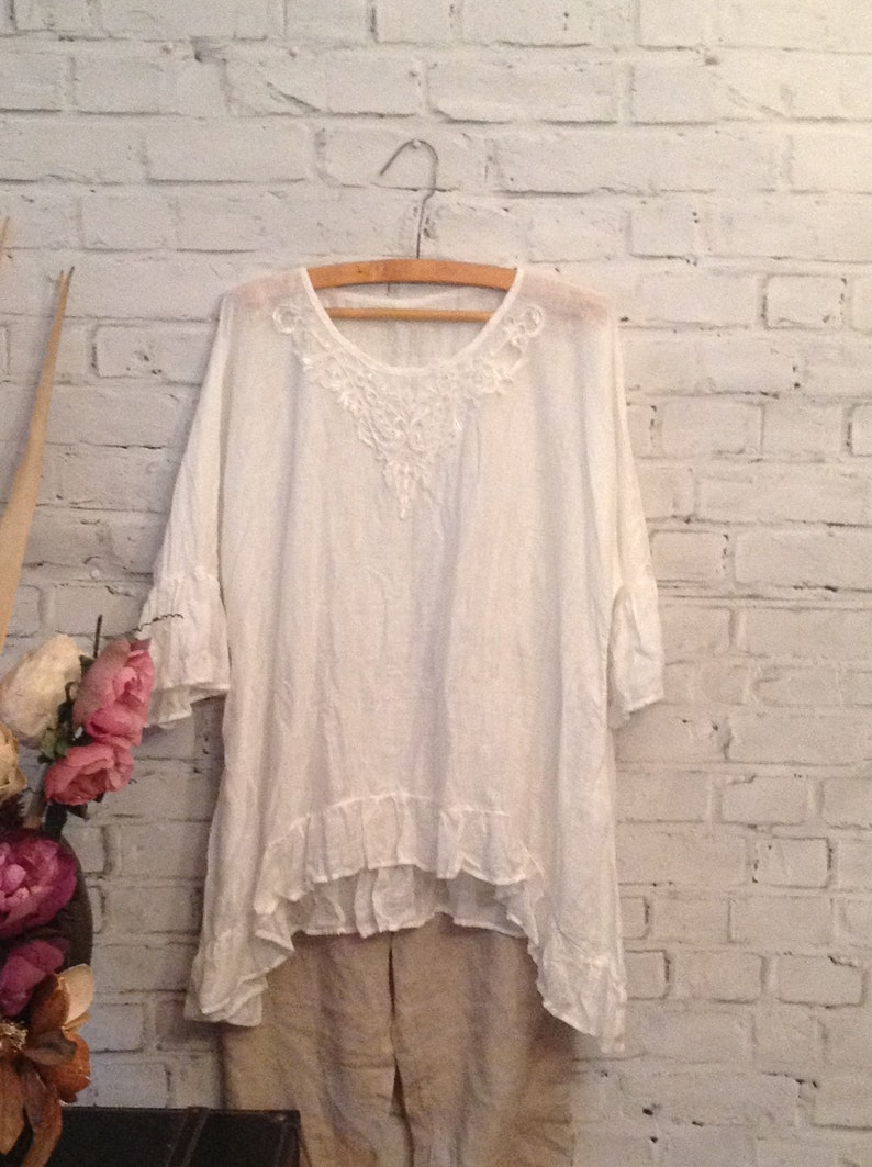 Summer Dress Shirt Dress Organic Natural white with lace Linen Tunic Linen Top for women,Artistic Boho Flax Loose Blouse Tunic for women