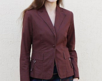 Vintage Linen Cotton Blazer - Brown One-Button Jacket, Size M