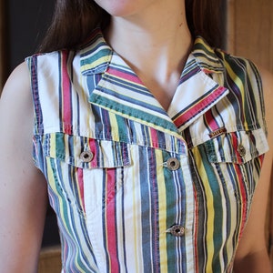 Vintage striped cotton vest Size M Women multicolor clothing Casual waistcoat Streetwear style vest Utility style Flirty colorful waistcoat