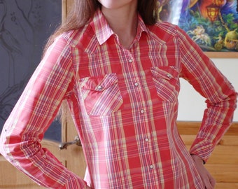 Vintage plaid cotton blouse Size M Country rustic shirt Long sleeve women&#39;s blouse Tartan pattern shirt Multicolor check shirt US size 8