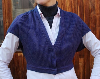 Vintage silk cashmere bolero Size M Purple-blue top Women's cropped cardigan Warm soft boxy sweater Bolero with snap closure Casual clothes