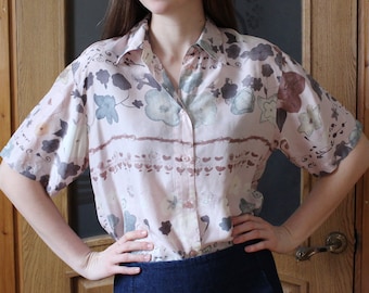 Vintage silk flowers blouse Size L Pink gray burnt orange shirt Half sleeve women's blouse Fantasy flower silk shirt Abstract floral print