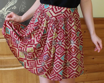 Vintage silk colorful mini skirt Size S Colorful boho skirt British fashion clothes Flirty cute skirt Front side pleats Southwestern pattern
