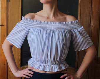 Vintage Baumwolle Off Shoulder Bluse: Blau Weiß Gestreiftes Top, Größe S