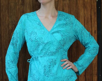 Vintage Paisley Wrap Blouse: Cyan Blue Boho Shirt (Size M/L)