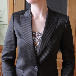 Vintage brown cotton silk striped blazer Size S Lapel collar jacket Size US 6 Long sleeve classic jacket Elegance wear One button jacket