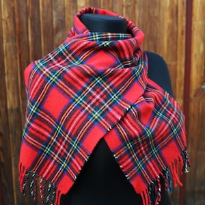 Bufanda vintage de lana a cuadros escoceses: chal unisex rojo, estilo preppy, fabricado en Escocia