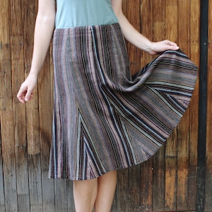 Vintage trumpet cotton skirt Size M Striped pattern skirt Casual mix colors clothes Bohemian summer autumn skirt Brown multicolor skirt