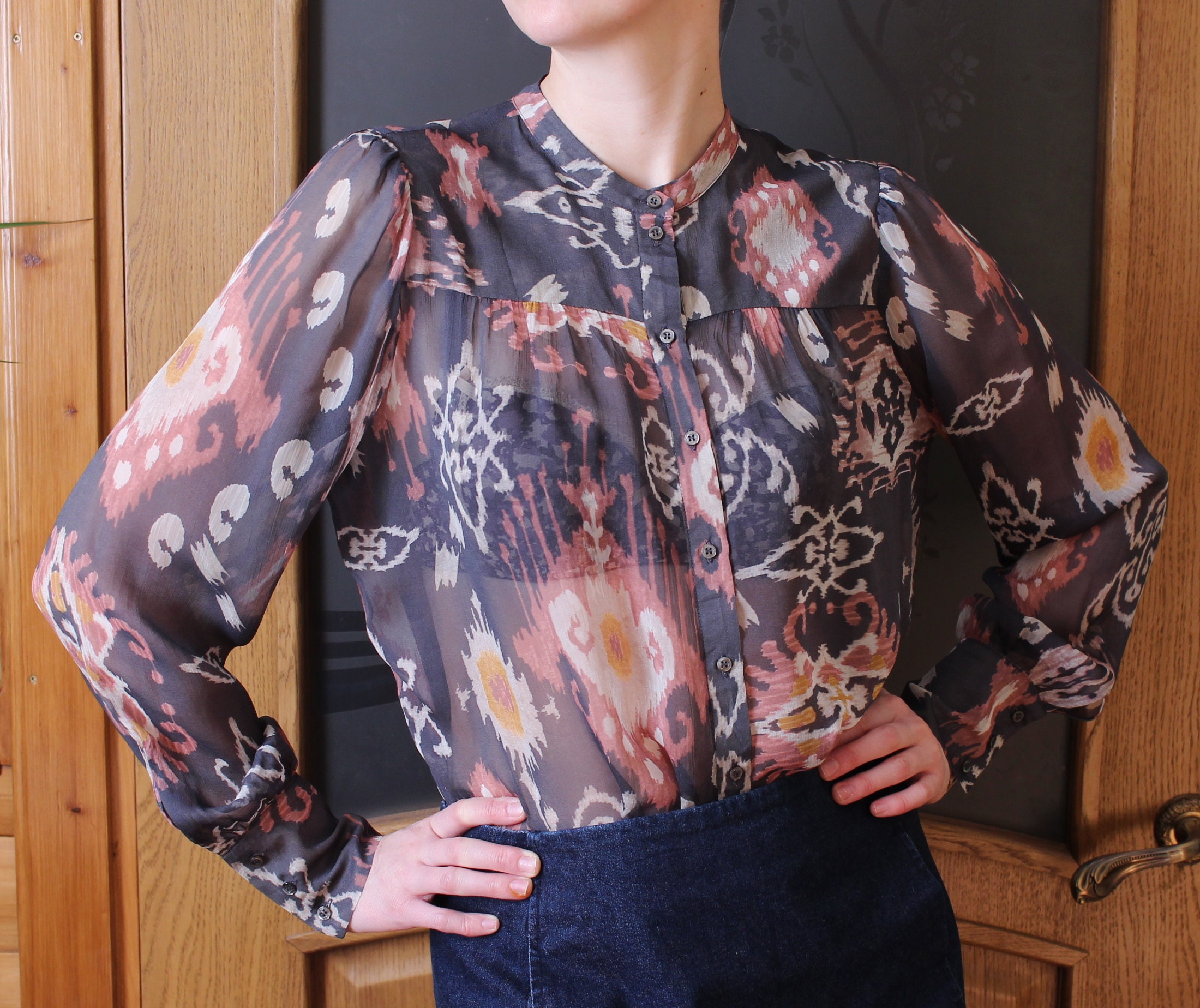 Vintage transparent viscose blouse US size 10 Ethnic abstract pattern Relaxed fit translucent shirt Casual coral pink ash milk shirt Size L